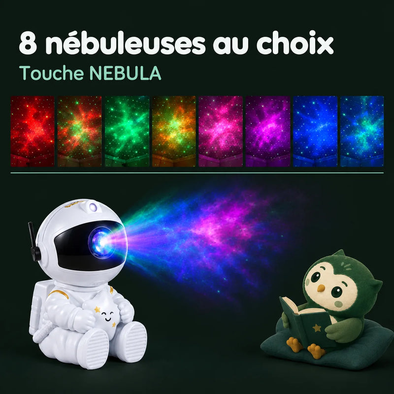 Lampe astronaute et ses 8 nébuleuses de couleur, du rouge au bleu, choisies avec la touche NEBULA, Tendre Veilleuse