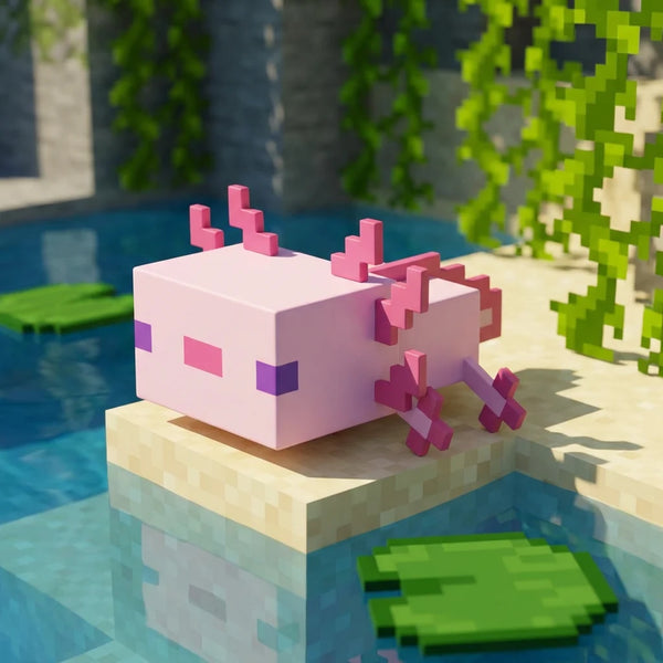 Lampe Axolotl Minecraft rose éteinte dans un décor végétal de Lush Cave, idéale en objet de décoration pour une chambre d'enfant ou un setup pastel.