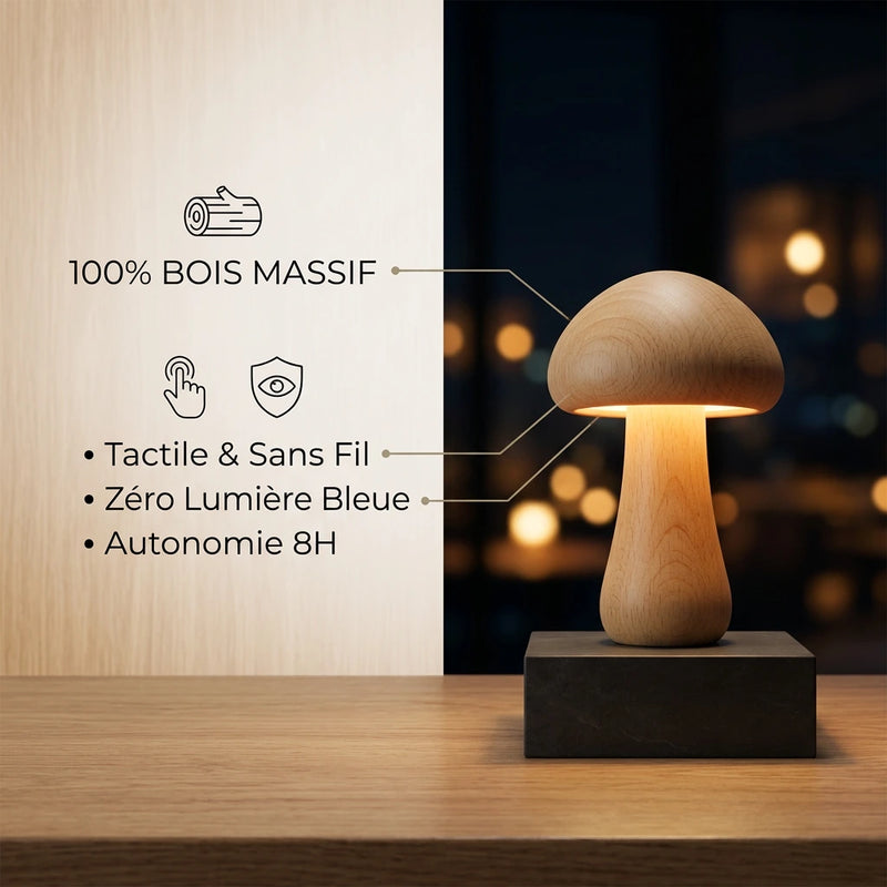 Infographie lampe de chevet champignon bois 100% massif, tactile sans fil, zéro lumière bleue, autonomie 8h, certifiée CE — Tendre Veilleuse
