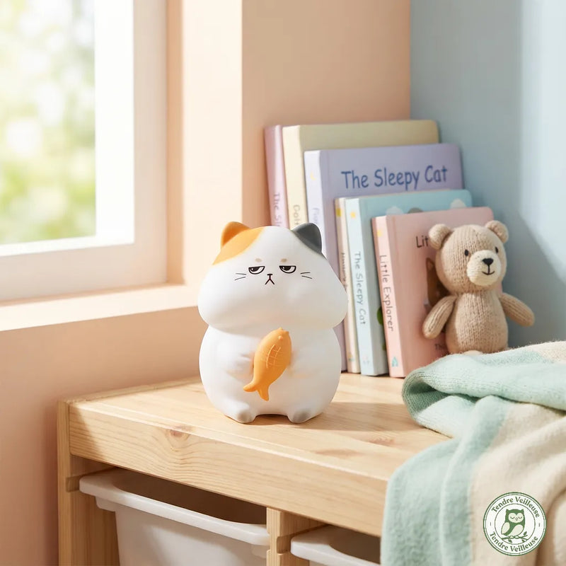 Lampe chat silicone Mistigri™ posée sur étagère en bois dans une chambre enfant, livres et peluche en arrière-plan, lumière naturelle — Tendre Veilleuse