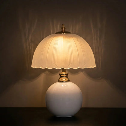 Lampe de chevet céramique blanche abat-jour verre USB - Lumière tamisée princesse