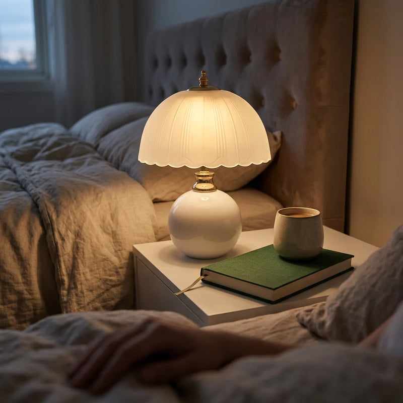 Lampe de chevet céramique blanche verre USB allumée sur table de nuit blanche, ambiance chambre adulte avec lumière douce réglable et draps lin beige — Tendre Veilleus
