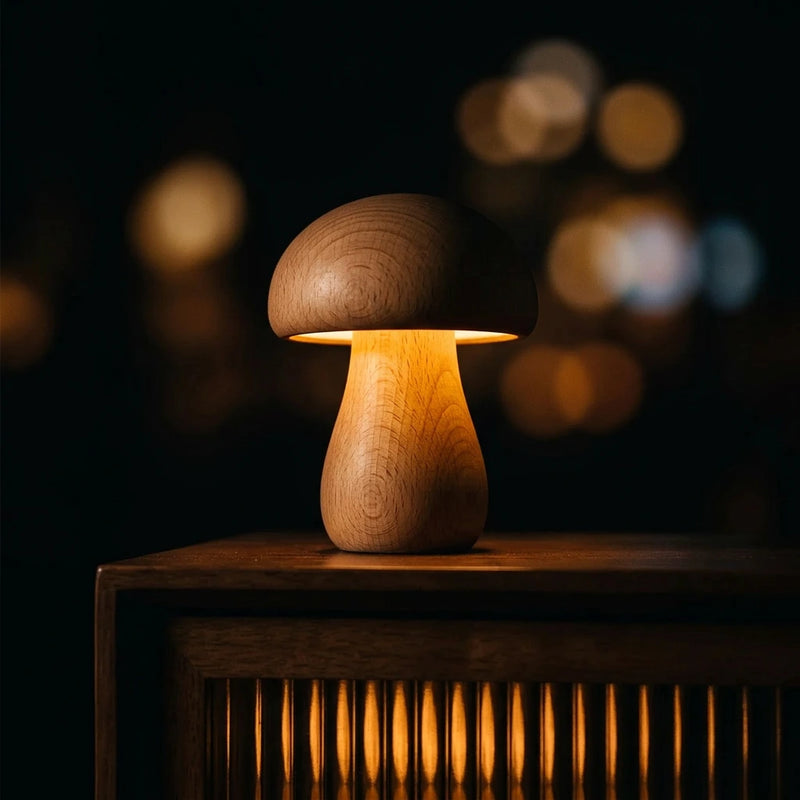 Lampe de chevet champignon bois hêtre allumée, lumière ambre chaude sans fil rechargeable USB, ambiance nocturne — Tendre Veilleuse
