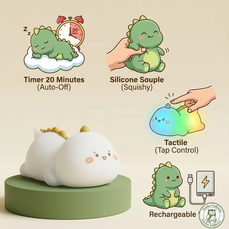 Lampe de chevet dinosaure Dino – infographie des 4 fonctions : timer 20 min auto-off, silicone souple sans BPA, commande tactile et recharge USB