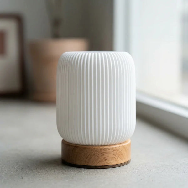 Lampe de chevet grain de bois tactile sans fil éteinte lumière naturelle surface mate — Tendre Veilleuse
