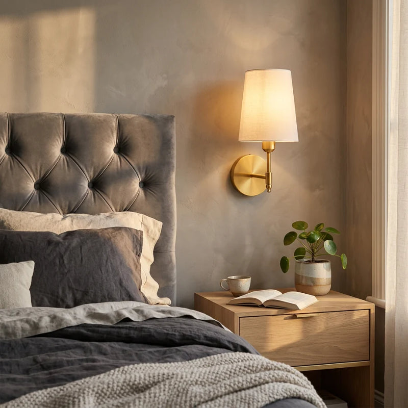 Lampe de chevet murale sans fil rechargeable allumée au-dessus d'une table de nuit, tête de lit capitonnée grise, ambiance chambre haut de gamme, Tendre Veilleuse