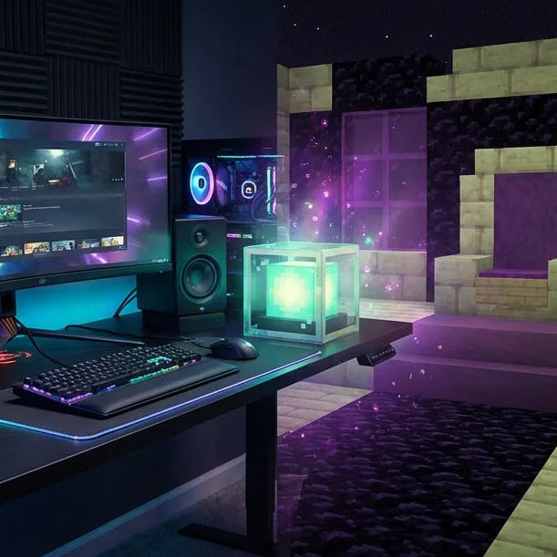 Transition visuelle d'un bureau gamer moderne vers une salle de trône Minecraft, avec la lampe de bureau Balise comme point central de l'immersion.