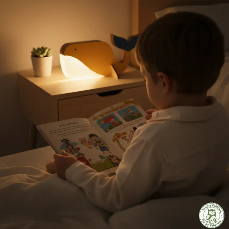 Petit garçon lisant un livre dans son lit, éclairé par la lumière douce de la lampe de chevet baleine en bois Natur'Whale™.