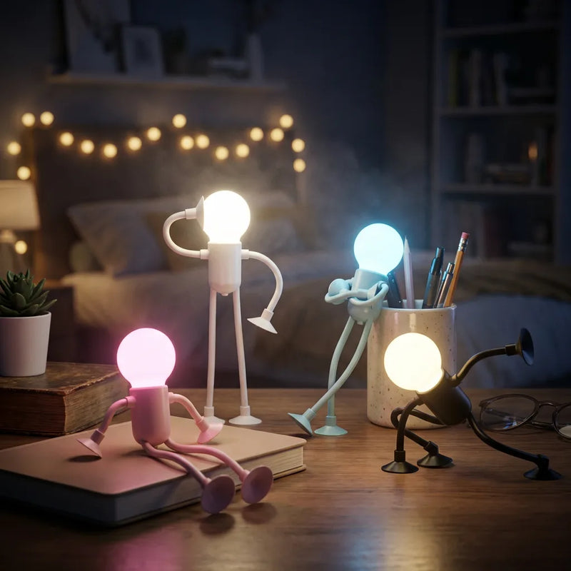 Scène de chambre cosy avec quatre lampes de chevet robot articulées et allumées. La lampe rose diffuse une lumière douce sur un livre, la blanche éclaire le bureau, la bleue sert de compagnon de lecture près des stylos, et la noire est dans une pose ludique. Ces lampes flexibles créent une ambiance chaleureuse pour les enfants et les ados.