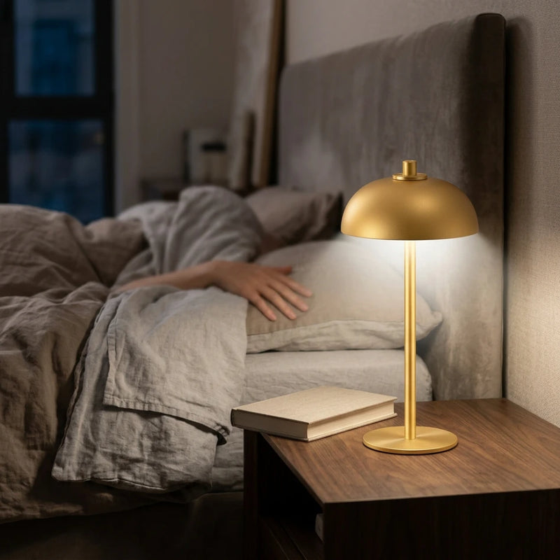Lampe de chevet tactile champignon dorée allumée en lumière
neutre sur table de nuit bois sombre, ambiance lecture avec
draps lin et main au premier plan — Tendre Veilleuse