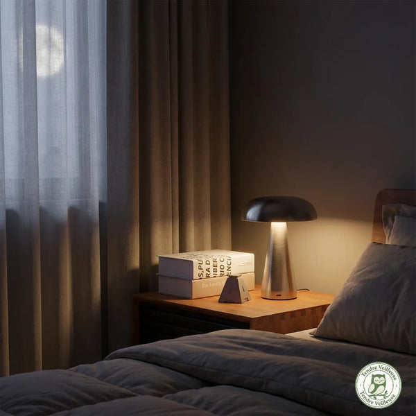 Lampe de chevet tactile champignon métal sur table de nuit
en bois, lumière chaude allumée en ambiance nocturne,
chambre adulte — Tendre Veilleuse