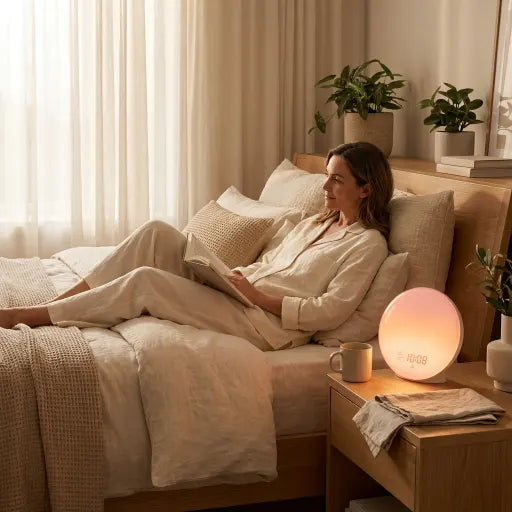 Réveil simulateur d'aube Horizon utilisé comme lampe de lecture douce au lit Tendre Veilleuse