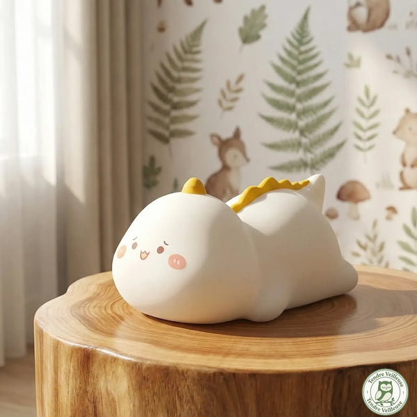 Lampe dinosaure Dino éteinte en décoration sur meuble bois chambre enfant – silicone souple blanc, design minimaliste sans fil