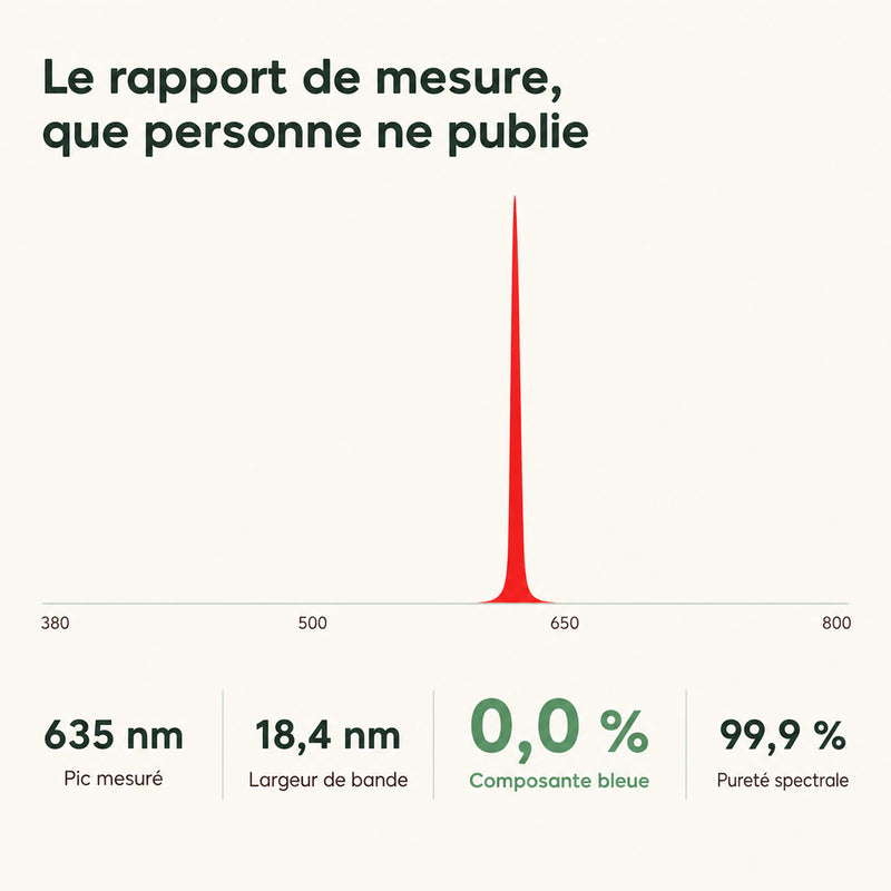 Spectre mesuré de la lampe : pic à 635 nm, largeur de bande 18,4 nm, 0,0 % de composante bleue, pureté 99,9 %