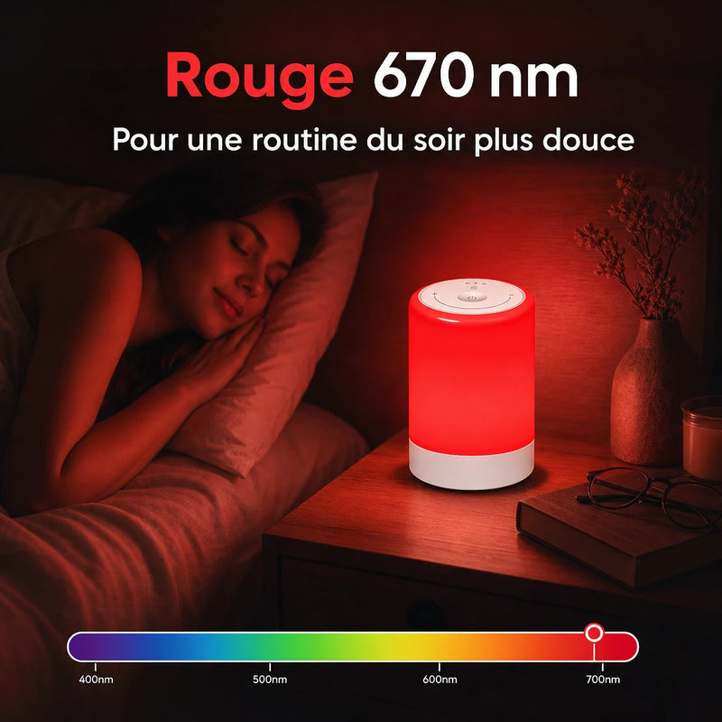 Lampe lumiere rouge 670 nm selon fournisseur avec repere spectre pour routine du soir Tendre Veilleuse