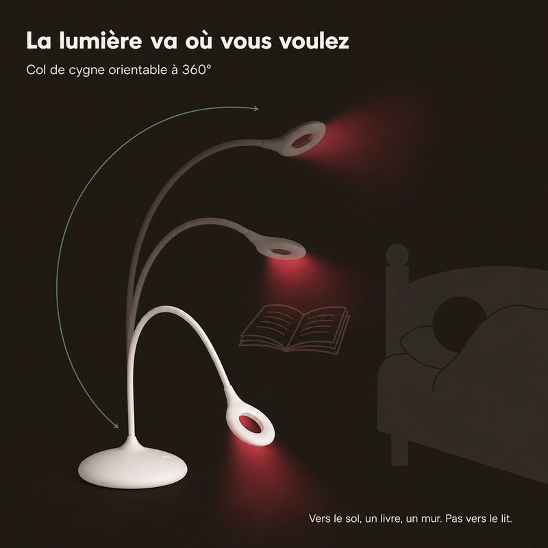 Col de cygne de la lampe lumière rouge orientable à 360°, faisceau dirigé vers le sol ou un livre, pas vers le lit