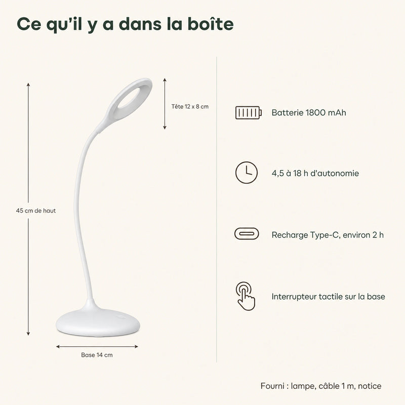 Dimensions de la lampe lumière rouge : 45 cm de haut, base 14 cm, batterie 1800 mAh, recharge Type-C, tactile