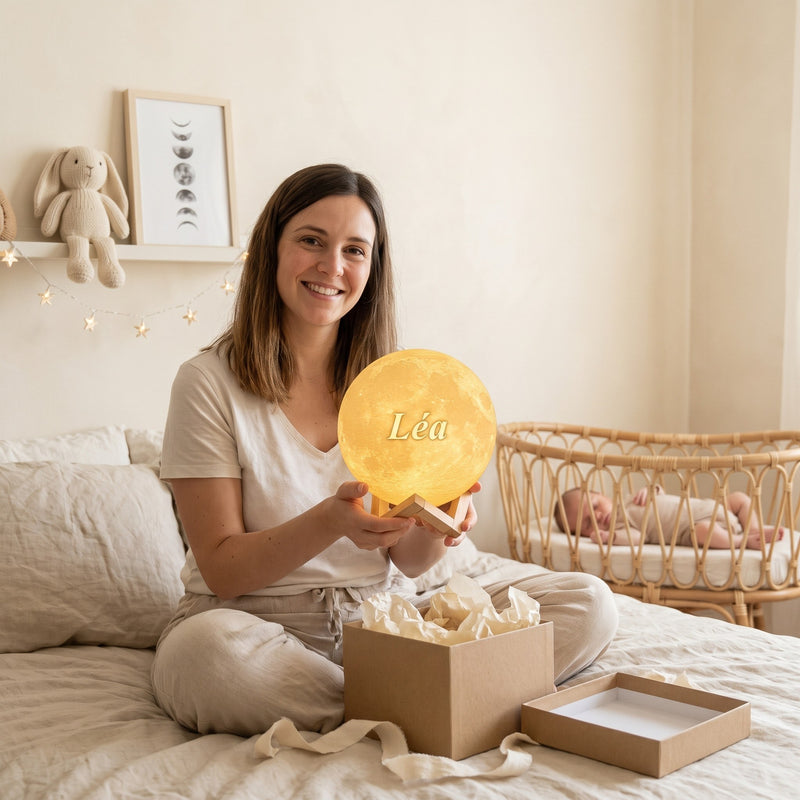 Lampe lune personnalisée offerte en cadeau de naissance
