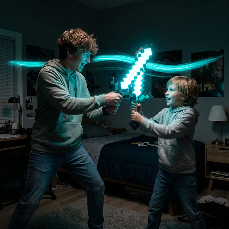 Adolescents jouant avec la lampe nomade Minecraft lumineuse dans le noir, prouvant sa structure sans fil robuste et résistante aux chocs.