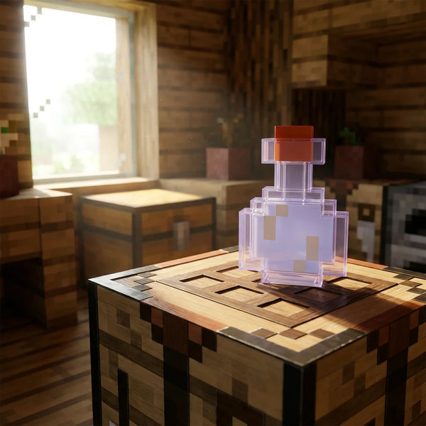 Lampe potion Minecraft éteinte posée sur une table de craft, réplique fidèle en blocs pour la décoration d'un setup gamer.