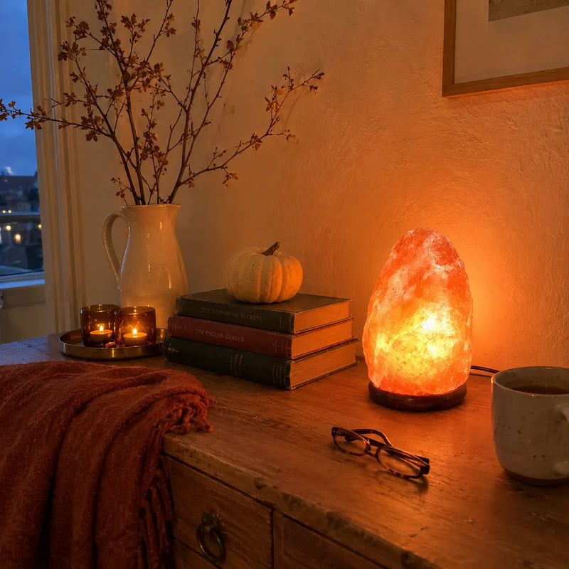 Lampe de sel allumée sur un buffet en bois, décor d'automne avec livres, courge et plaid rouille – Tendre Veilleuse