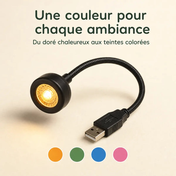 Lampe USB col flexible allumee en dore chaleureux, LED multicolore ambiance orange vert bleu rose - Tendre Veilleuse