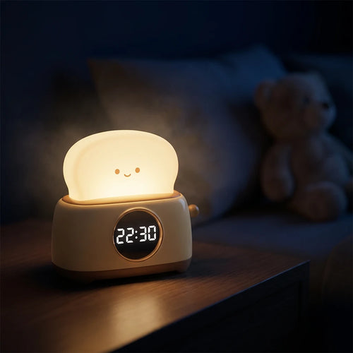 Réveil Veilleuse Toast Kawaii : Lampe Dimmable, 3 Alarmes, Timer