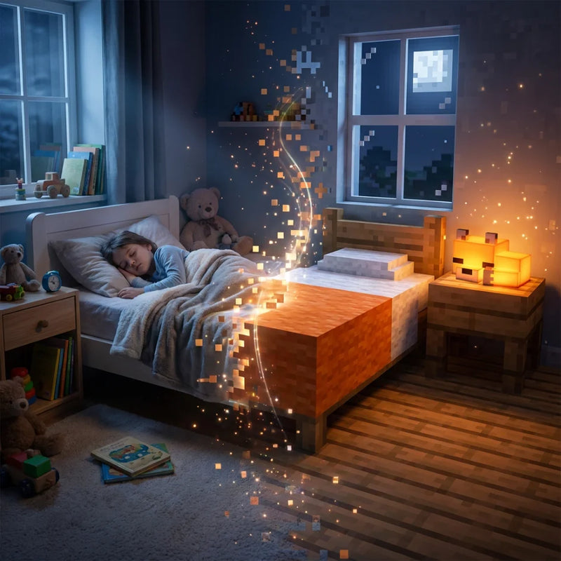Chambre d'enfant classique se transformant en univers virtuel, éclairée par la lampe veilleuse Minecraft posée sur la table de chevet.