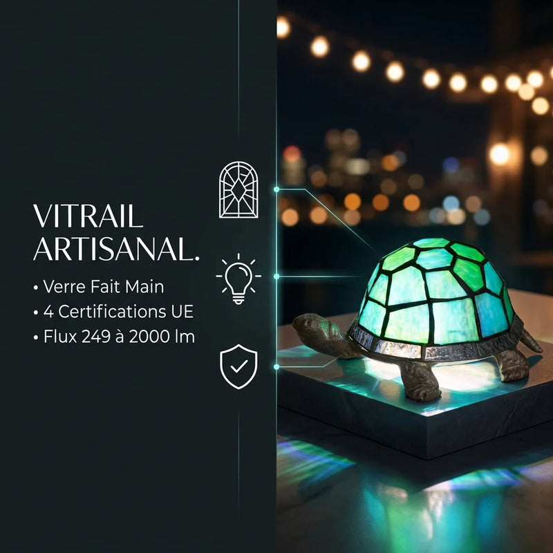 Lampe vitrail tortue Art Déco 4 certifications CE CEM LVD RoHS flux 249 à 2000 lm — Tendre Veilleuse