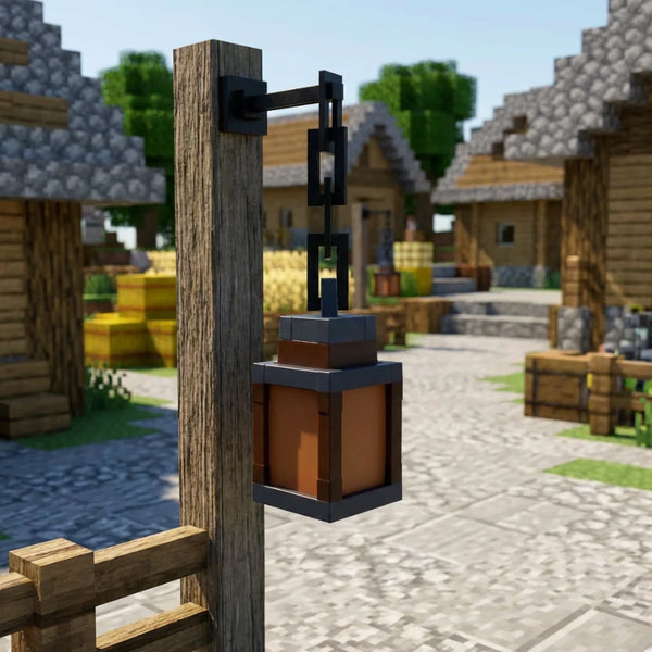 Veilleuse lanterne Minecraft éteinte suspendue dans un village, un objet de décoration fidèle au design Voxel pixelisé du jeu.
