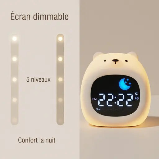 Schéma de l'écran dimmable. La luminosité de l'heure et de la veilleuse est entièrement réglable pour ne pas éblouir l'enfant la nuit.