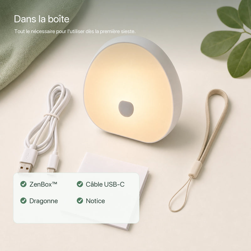 Machine à bruit blanc bébé ZenBox pack complet USB-C dragonne notice veilleuse nomade Tendre Veilleuse