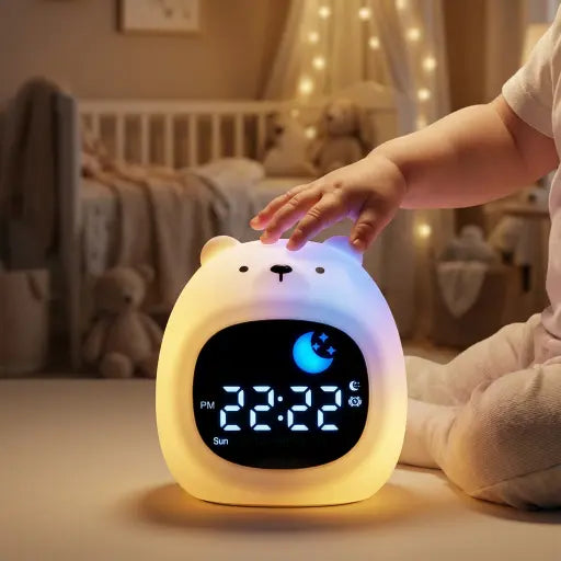 Gros plan sur une main de bébé touchant le silicone souple du réveil ours. Matière tactile Soft-Touch certifiée sans BPA et incassable.
