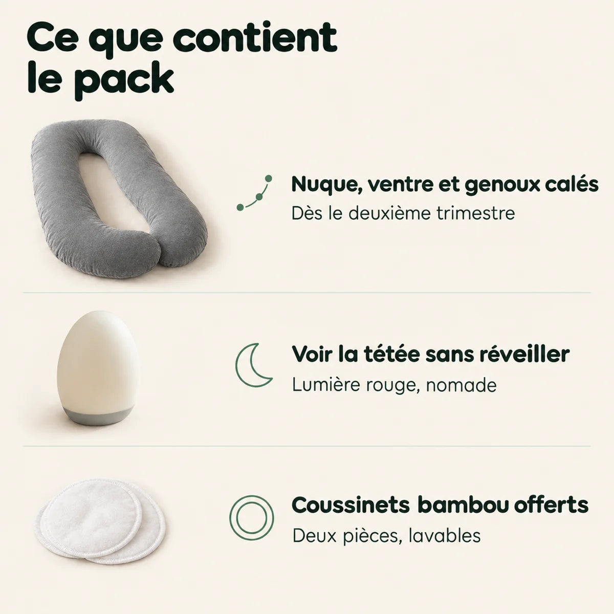 Composition du pack maternité : coussin de grossesse en U, veilleuse à lumière rouge et coussinets offerts, Tendre Veilleuse