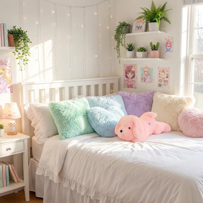 Peluche chien rose utilisée comme coussin décoratif sur un lit, entourée d'oreillers moelleux dans une chambre au style kawaii lumineux.