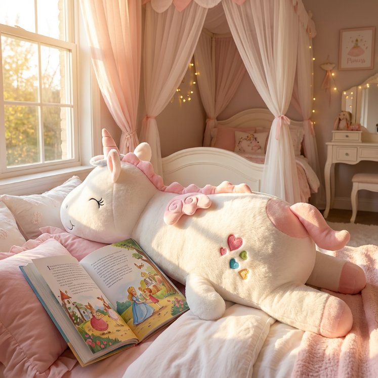 Grande peluche licorne blanche et rose allongée sur un lit d'enfant, servant de traversin