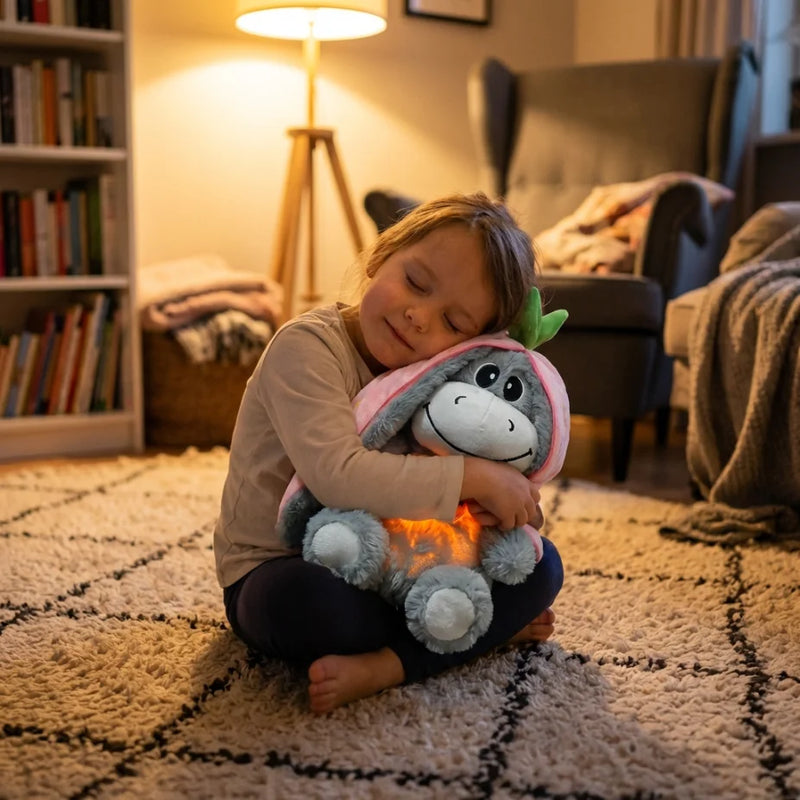 Petite fille aux yeux fermés enlaçant tendrement une peluche qui respire âne fraise pour s'apaiser dans une ambiance calme.