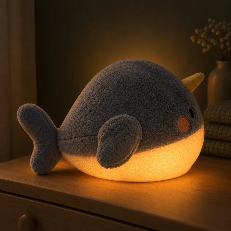 Peluche veilleuse bruit blanc baleine allumée la nuit, lueur chaude diffusée par le tissu du ventre, dans une chambre sombre