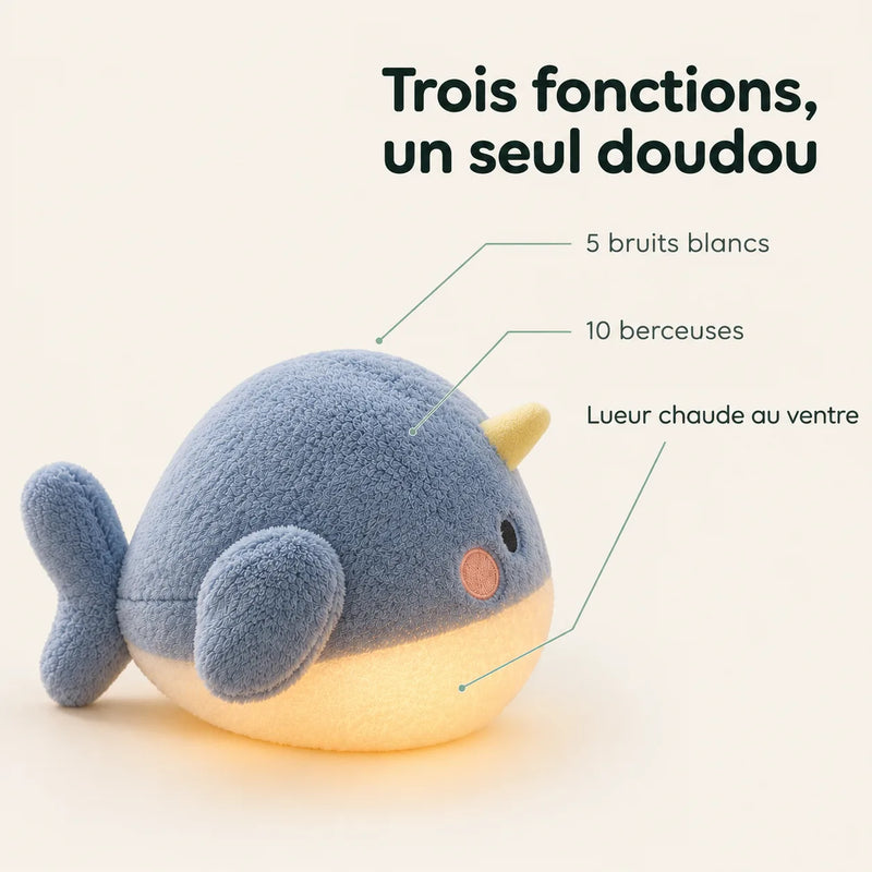 Infographie des trois fonctions de la peluche veilleuse baleine : 5 bruits blancs, 10 berceuses et lueur chaude au ventre