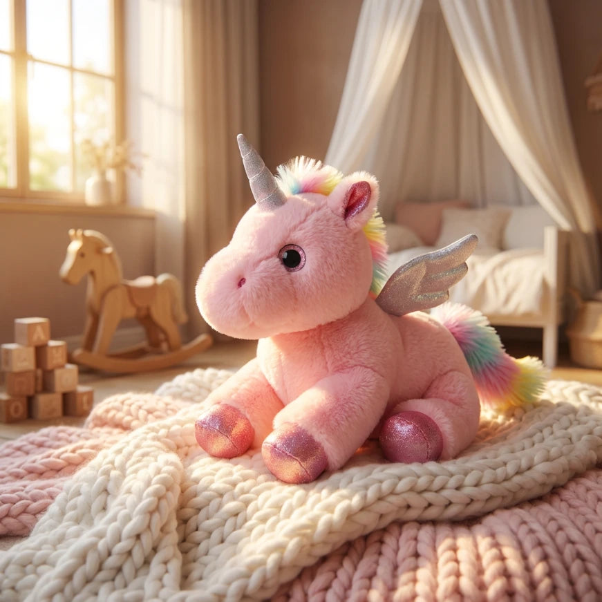 Peluche veilleuse licorne rose assise sur un plaid tricoté, dotée d'ailes argentées et d'une crinière arc-en-ciel pastel.