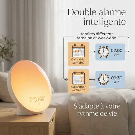 Infographie double alarme semaine week-end du réveil Horizon Tendre Veilleuse