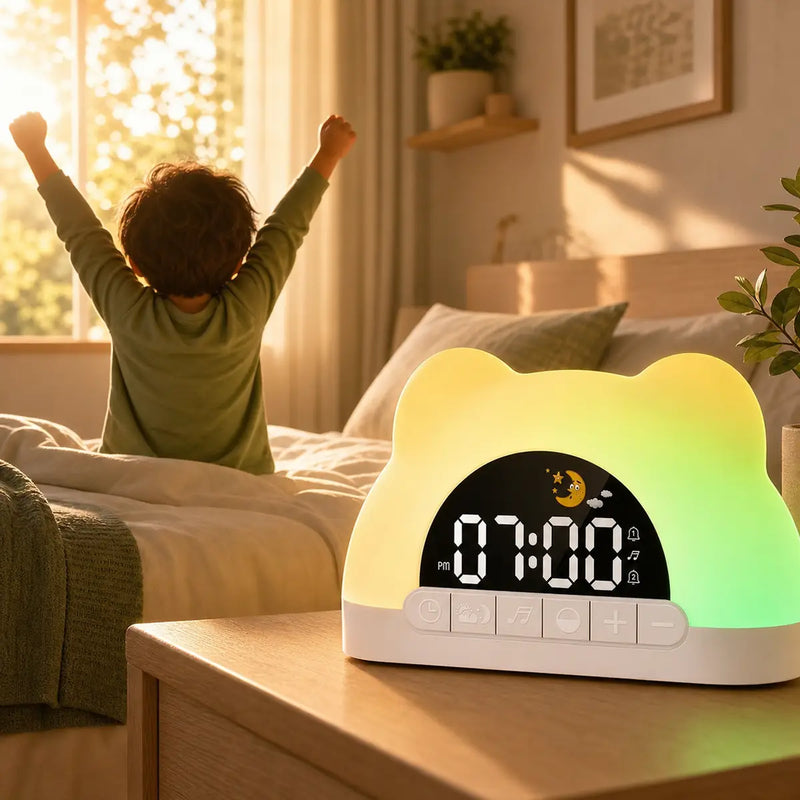 Réveil doux enfant au lever de soleil, ourson lumineux le matin près d'un enfant réveillé sans pleurs, Tendre Veilleuse