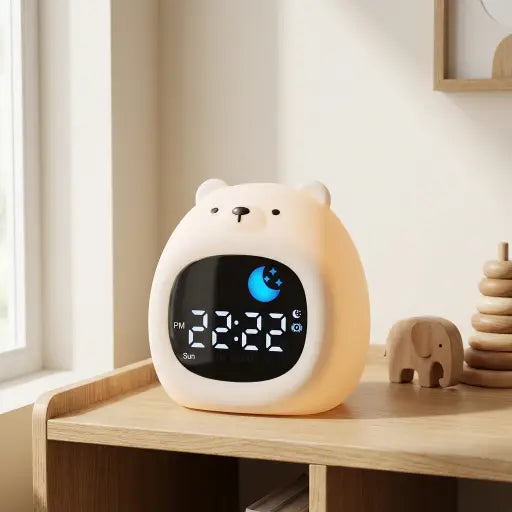 Réveil éducatif en forme d'ours pour enfant avec indicateur de lever jour/nuit. Modèle en silicone souple Tendre Veilleuse.