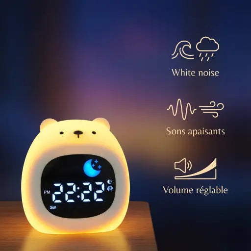 Infographie montrant la fonction aide à l'endormissement du réveil ours : bruits blancs et sons de la nature pour calmer bébé.