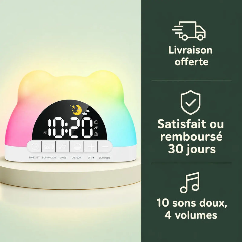 Infographie réveil enfant ours, livraison offerte et satisfait ou remboursé 30 jours, Tendre Veilleuse