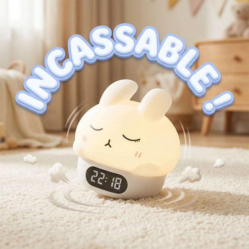 Réveil veilleuse lapin compact en ABS HIPS et silicone, posé sur table de nuit, format environ 107 x 115 x 111 mm
