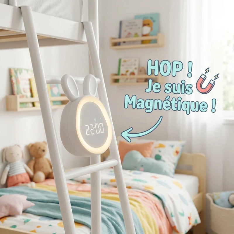 Réveil lapin compact en ABS et HIBS, poids net 161 g, alimentation USB DC5V 1A