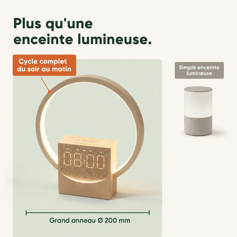 Réveil numérique design à cycle complet comparé à une simple enceinte lumineuse, grand anneau de 200 mm, Tendre Veilleuse