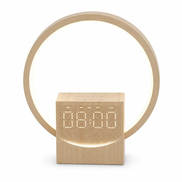 Réveil numérique design à anneau lumineux, écran LED, finition effet bois, enceinte Bluetooth, Tendre Veilleuse