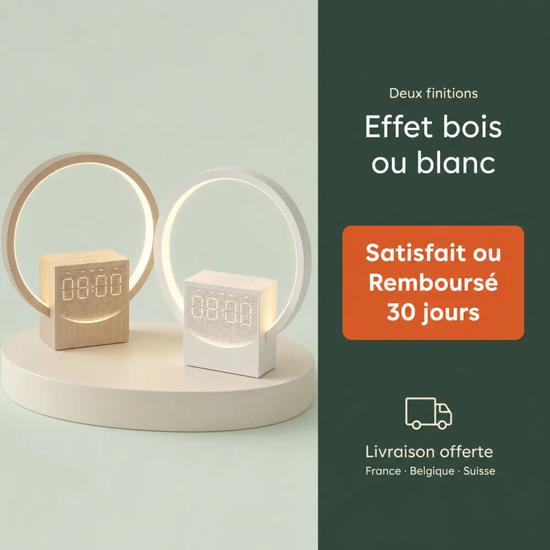 Réveil numérique design en finition effet bois ou blanc, satisfait ou remboursé 30 jours, livraison offerte, Tendre Veilleuse